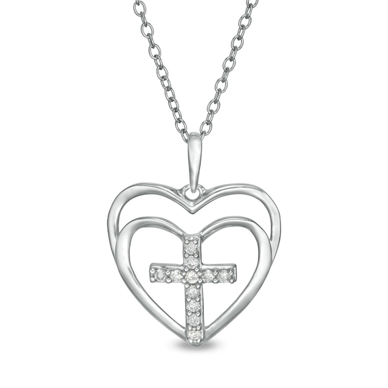 1/10 CT. T.w. Diamond Cross in Double Hearts Pendant in Sterling Silver