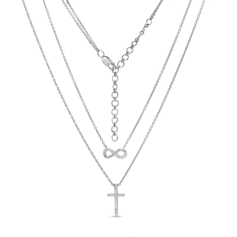 Main Image 1 of 1/10 CT. T.W. Diamond Infinity and Cross Double Strand Necklace in Sterling Silver