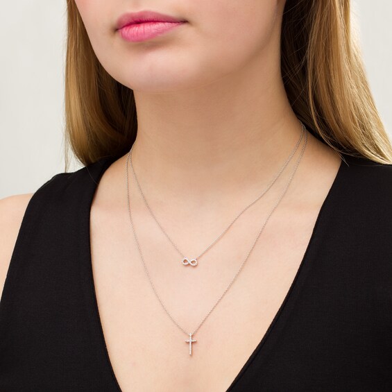 1/10 CT. T.w. Diamond Infinity and Cross Double Strand Necklace in Sterling Silver