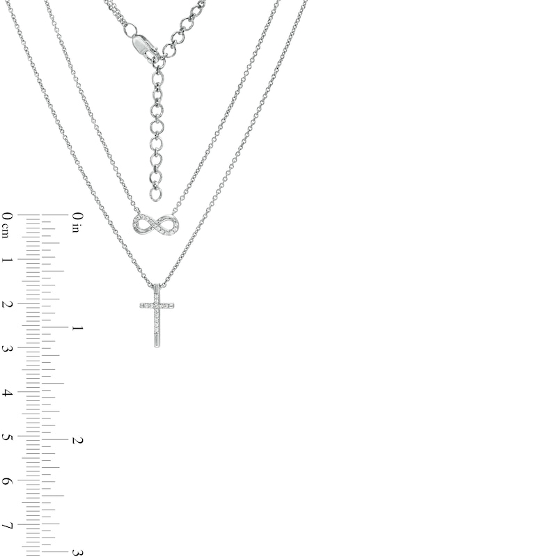 Main Image 3 of 1/10 CT. T.W. Diamond Infinity and Cross Double Strand Necklace in Sterling Silver