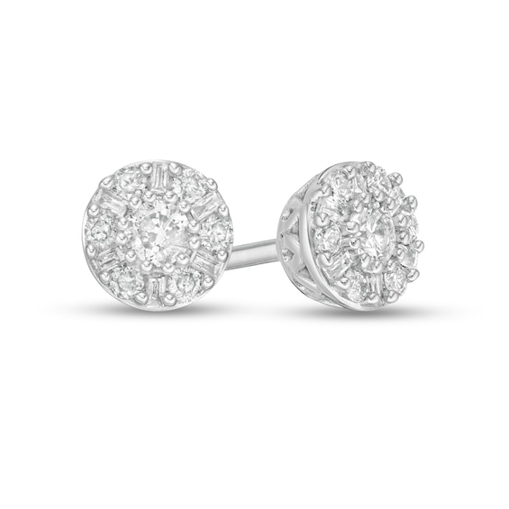 1/4 CT. T.w. Baguette and Round Diamond Frame Stud Earrings in 10K White Gold