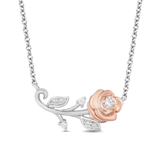 Enchanted Disney Belle 1/10 CT. T.w. Diamond Single Stem Rose Necklace in Sterling Silver and 10K Rose Gold