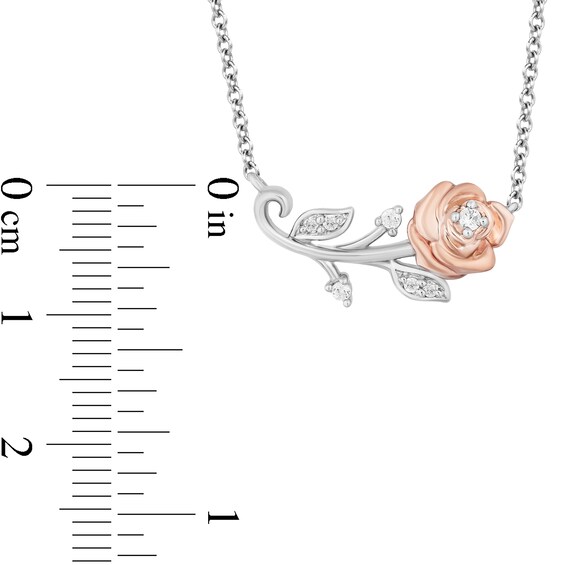 Enchanted Disney Belle 1/10 CT. T.w. Diamond Single Stem Rose Necklace in Sterling Silver and 10K Rose Gold