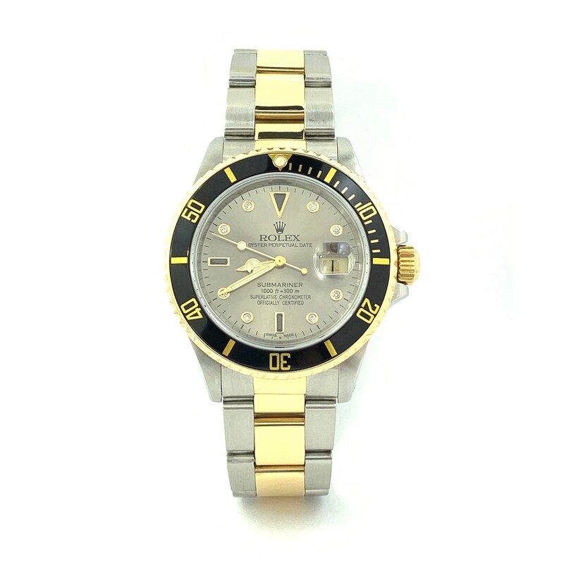 Main Image 1 of Previously Owned - Men's Rolex Submariner 1/15 CT. T.W. Diamond Two-Tone 18K Gold Watch with Silver-Tone Serti Dial