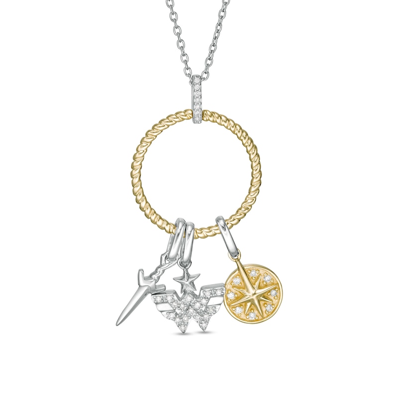 Wonder Woman™ Collection 1/8 CT. T.W. Diamond Lasso Circle Pendant with Theme Charms in Sterling Silver and 10K Gold