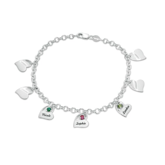 Mother's Birthstone Engravable Script Tilted Heart Charm Bracelet (1-7 Stones and Names)