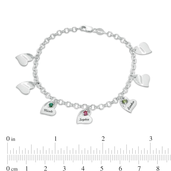 Mother's Birthstone Engravable Script Tilted Heart Charm Bracelet (1-7 Stones and Names)