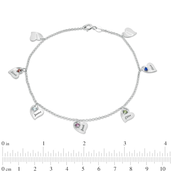 Mother's Birthstone Engravable Script Tilted Heart Charm Anklet in Sterling Silver (1-7 Stones and Names)