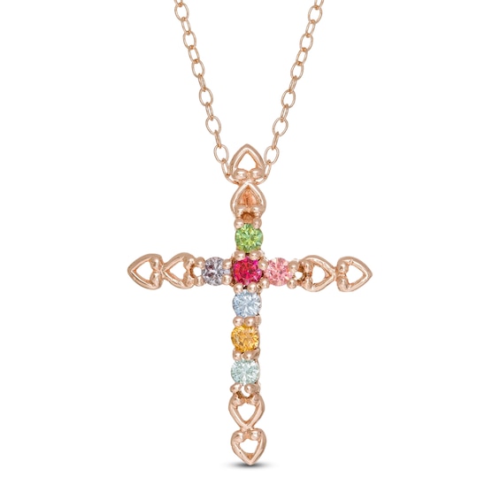Mother's Birthstone Heart Outline Cross Pendant (3-7 Stones)
