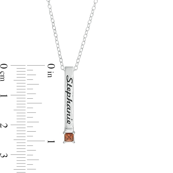 3.0mm Princess-Cut Birthstone Engravable Script Vertical Bar Pendant (1 Stone and Name)