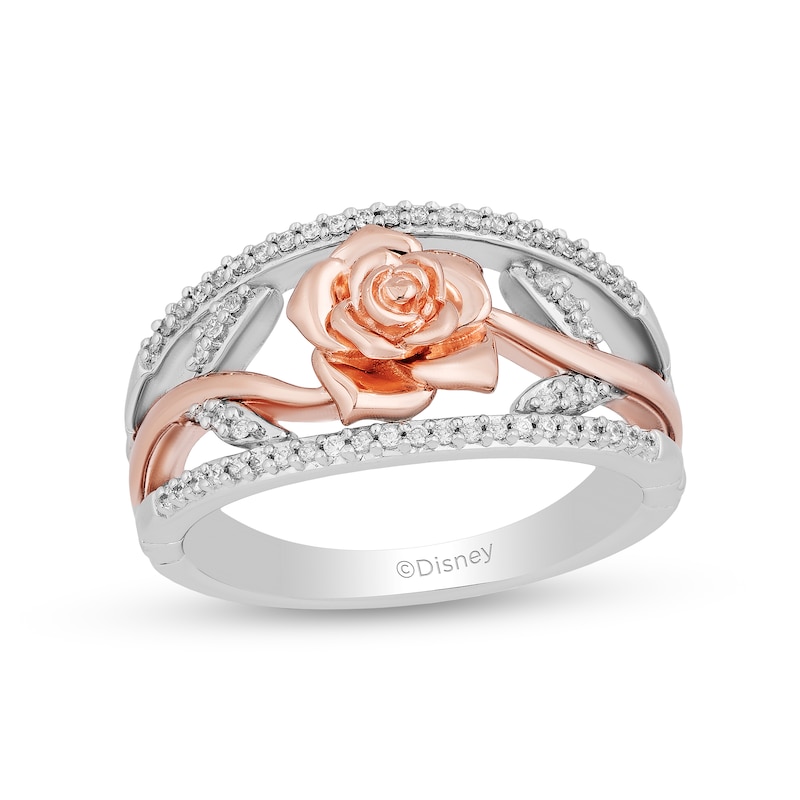 Main Image 1 of Enchanted Disney Belle 1/5 CT. T.W. Diamond Rose Open Shank Ring in Sterling Silver and 10K Rose Gold