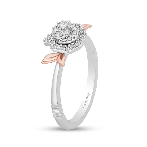 Enchanted Disney Belle 1/6 CT. T.w. Diamond Rose Leaf-Sides Ring in Sterling Silver and 10K Rose Gold