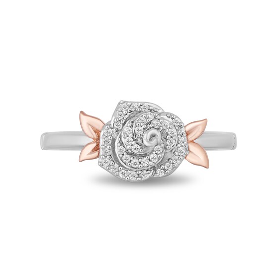Enchanted Disney Belle 1/6 CT. T.w. Diamond Rose Leaf-Sides Ring in Sterling Silver and 10K Rose Gold