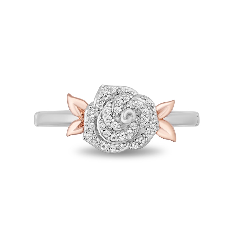 Main Image 4 of Enchanted Disney Belle 1/6 CT. T.W. Diamond Rose Leaf-Sides Ring in Sterling Silver and 10K Rose Gold