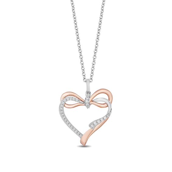 Enchanted Disney Snow White 1/10 CT. T.w. Diamond Bow Tied Heart Pendant in Sterling Silver and 10K Rose Gold - 19"