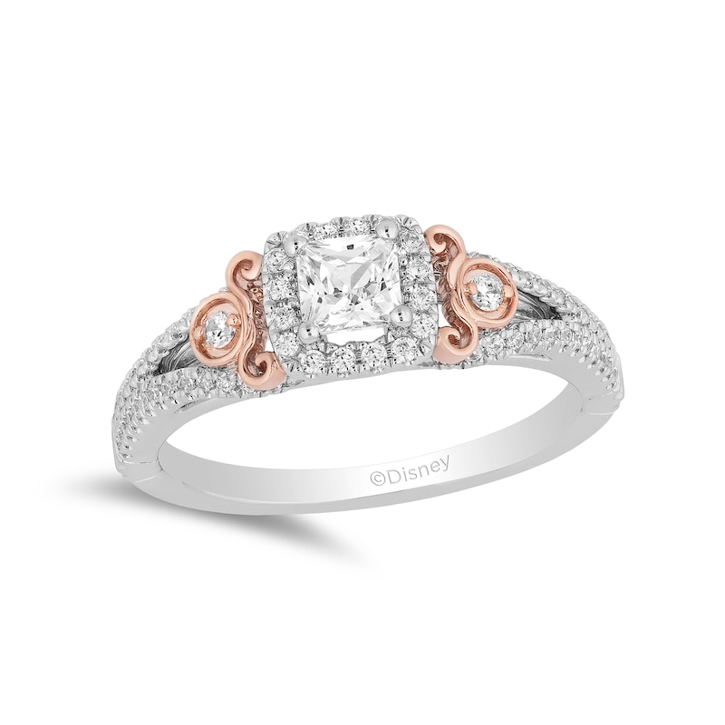 Main Image 1 of Enchanted Disney Cinderella 3/4 CT. T.W. Princess-Cut Diamond Frame Split Shank Engagement Ring in 14K Two-Tone Gold