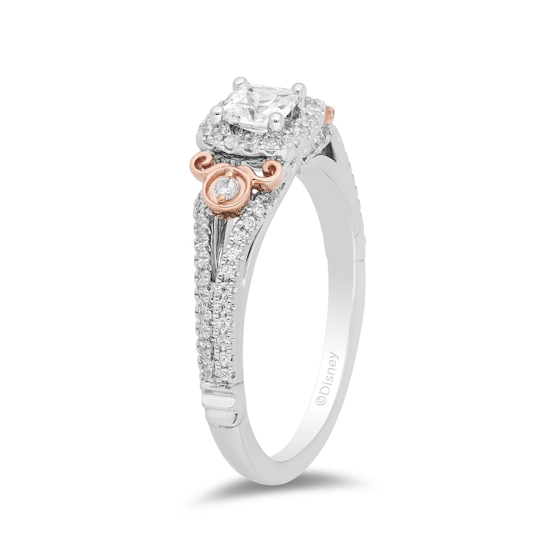 Main Image 2 of Enchanted Disney Cinderella 3/4 CT. T.W. Princess-Cut Diamond Frame Split Shank Engagement Ring in 14K Two-Tone Gold