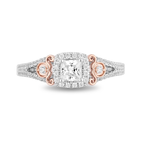 Enchanted Disney Cinderella 3/4 CT. T.w. Princess-Cut Diamond Frame Split Shank Engagement Ring in 14K Two-Tone Gold