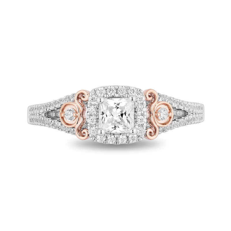 Main Image 3 of Enchanted Disney Cinderella 3/4 CT. T.W. Princess-Cut Diamond Frame Split Shank Engagement Ring in 14K Two-Tone Gold