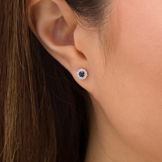 Vera Wang Love Collection 3.0mm Blue Sapphire and 1/6 CT. T.w. Diamond Frame Stud Earrings in Sterling Silver