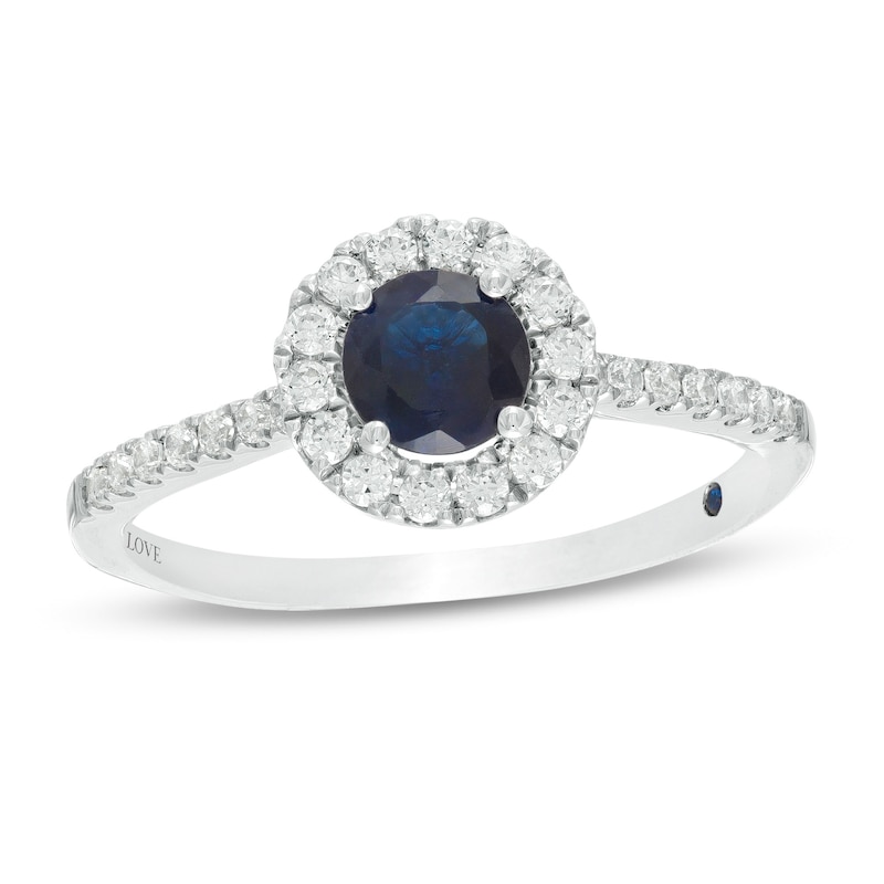 Vera Wang Love Collection 5.0mm Blue Sapphire and 1/4 CT. T.W. Diamond Frame Ring in Sterling Silver