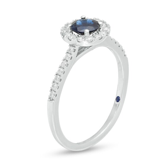 Vera Wang Love Collection 5.0mm Blue Sapphire and 1/4 CT. T.w. Diamond Frame Ring in Sterling Silver