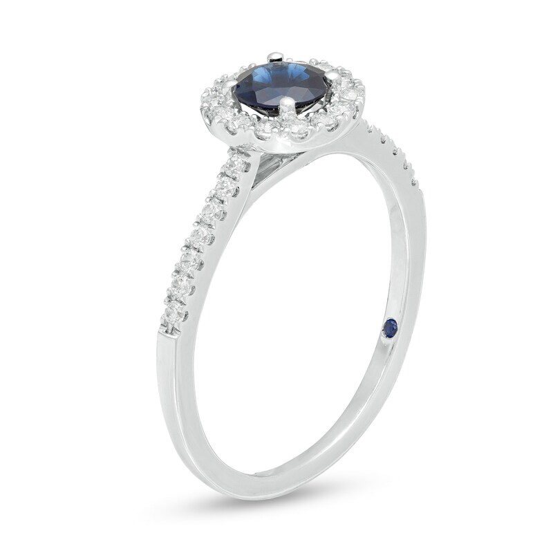 Vera Wang Love Collection 5.0mm Blue Sapphire and 1/4 CT. T.W. Diamond Frame Ring in Sterling Silver