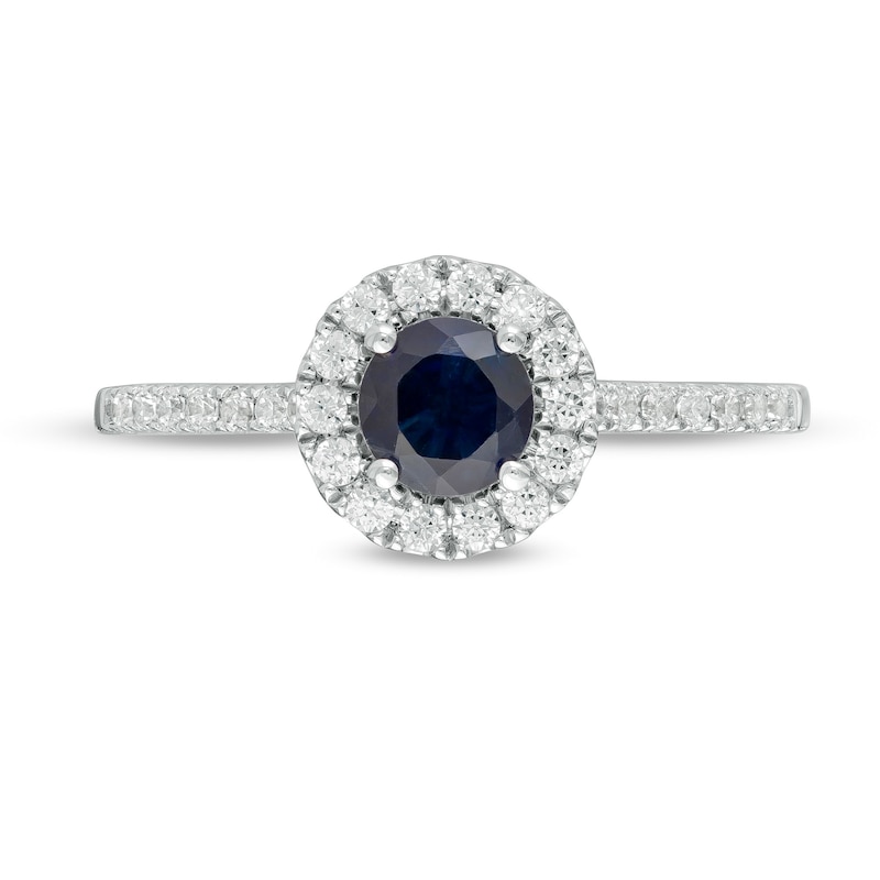 Vera Wang Love Collection 5.0mm Blue Sapphire and 1/4 CT. T.W. Diamond Frame Ring in Sterling Silver