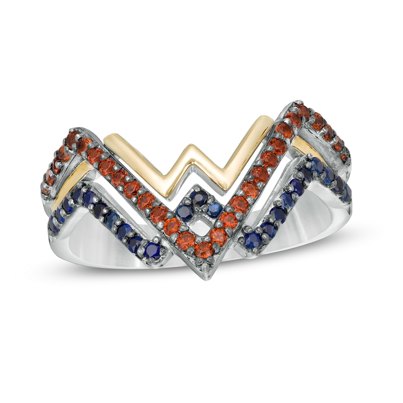 Wonder Woman™ Collection Garnet and Blue Sapphire Symbol Ring in Sterling Silver and 10K Gold