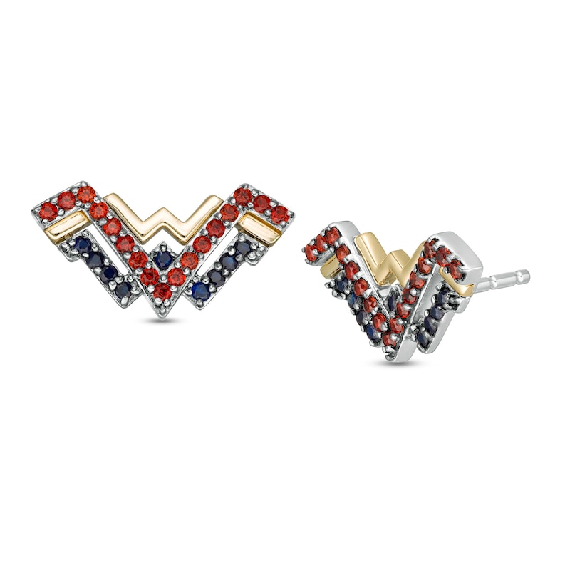 Main Image 1 of Wonder Woman™ Collection Garnet and Blue Sapphire Symbol Stud Earrings in Sterling Silver and 10K Gold