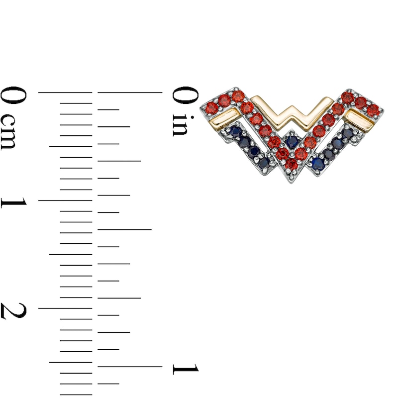 Main Image 3 of Wonder Woman™ Collection Garnet and Blue Sapphire Symbol Stud Earrings in Sterling Silver and 10K Gold