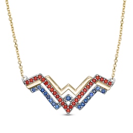 Wonder Woman™ Collection Garnet and Blue Sapphire Symbol Necklace in Sterling Silver and 10K Gold