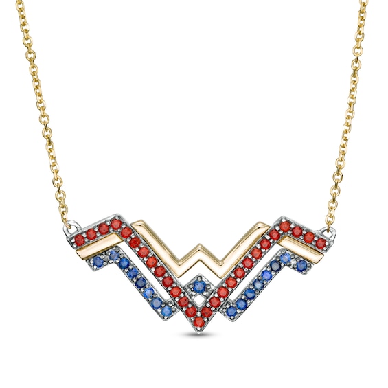 Wonder Womanâ¢ Collection Garnet and Blue Sapphire Symbol Necklace in Sterling Silver and 10K Gold
