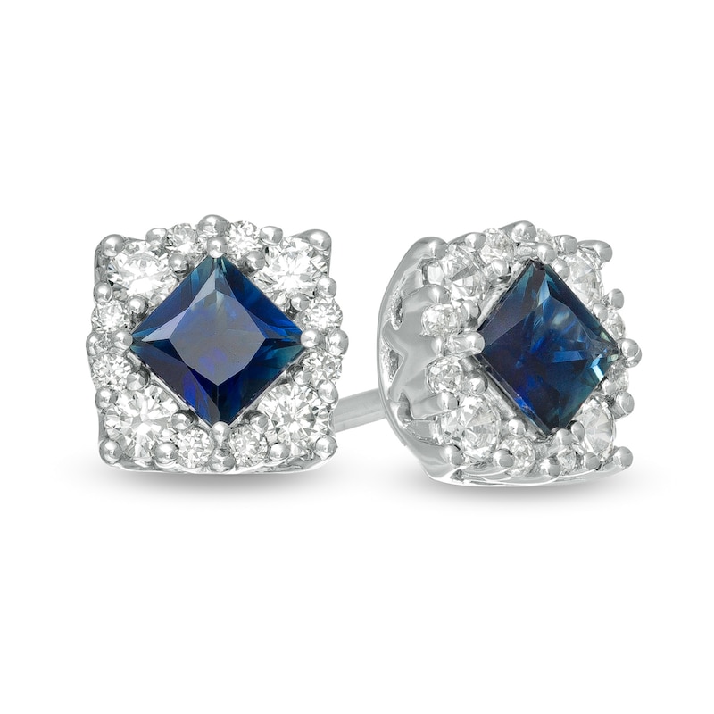 Main Image 1 of Vera Wang Love Collection Princess-Cut Blue Sapphire and 1/3 CT. T.W. Diamond Frame Stud Earrings in 14K White Gold