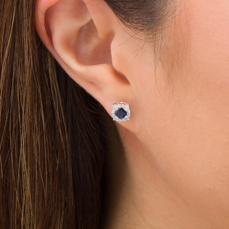 Main Image 2 of Vera Wang Love Collection Princess-Cut Blue Sapphire and 1/3 CT. T.W. Diamond Frame Stud Earrings in 14K White Gold
