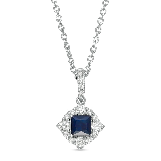 Vera Wang Love Collection 4.0mm Princess-Cut Blue Sapphire and 1/4 CT. T.w. Diamond Pendant in 14K White Gold - 19"