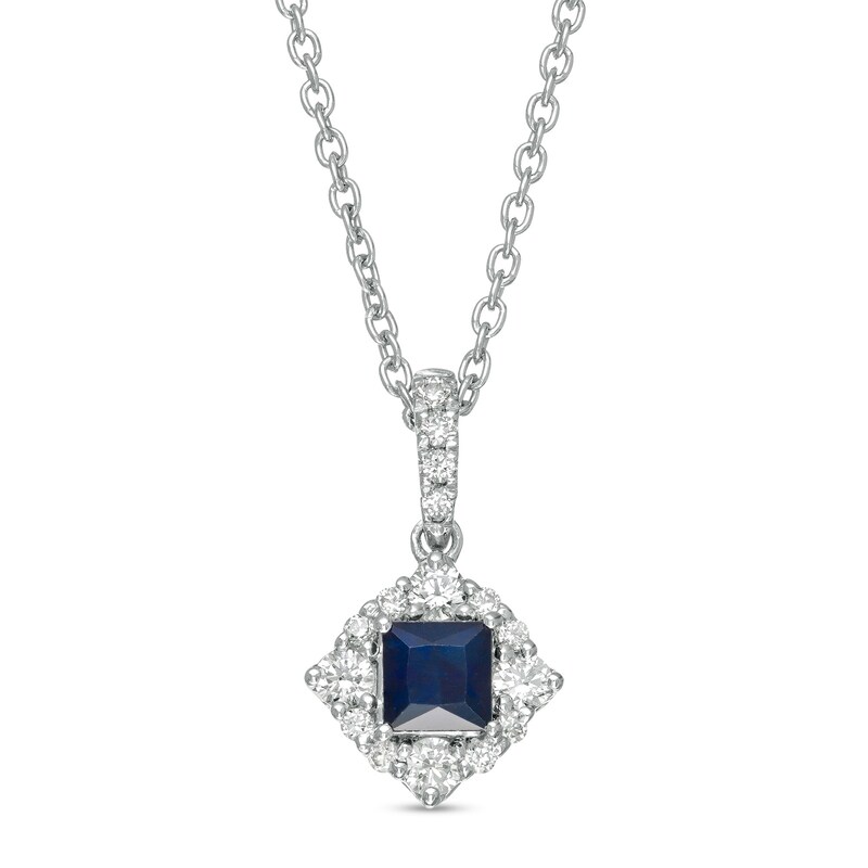 Main Image 1 of Vera Wang Love Collection 4.0mm Princess-Cut Blue Sapphire and 1/4 CT. T.W. Diamond Pendant in 14K White Gold - 19"
