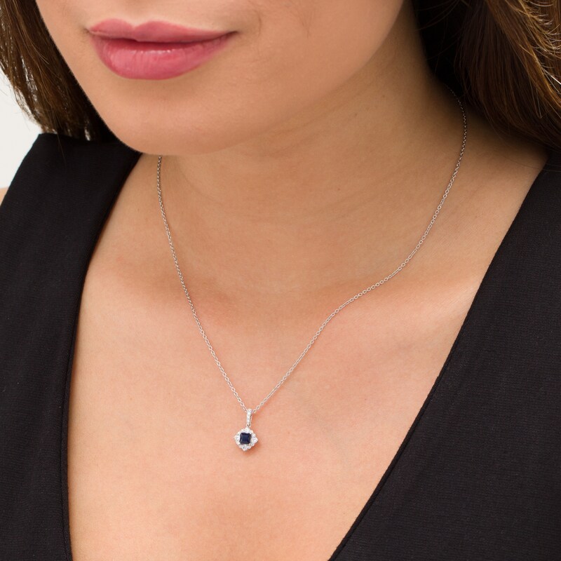 Main Image 2 of Vera Wang Love Collection 4.0mm Princess-Cut Blue Sapphire and 1/4 CT. T.W. Diamond Pendant in 14K White Gold - 19"