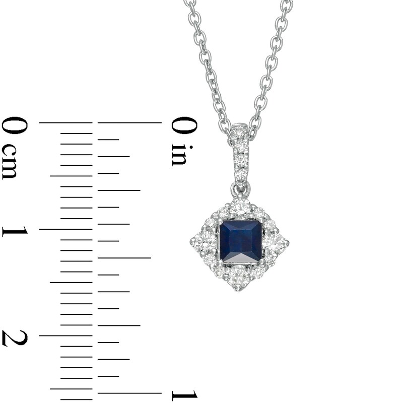 Main Image 4 of Vera Wang Love Collection 4.0mm Princess-Cut Blue Sapphire and 1/4 CT. T.W. Diamond Pendant in 14K White Gold - 19"