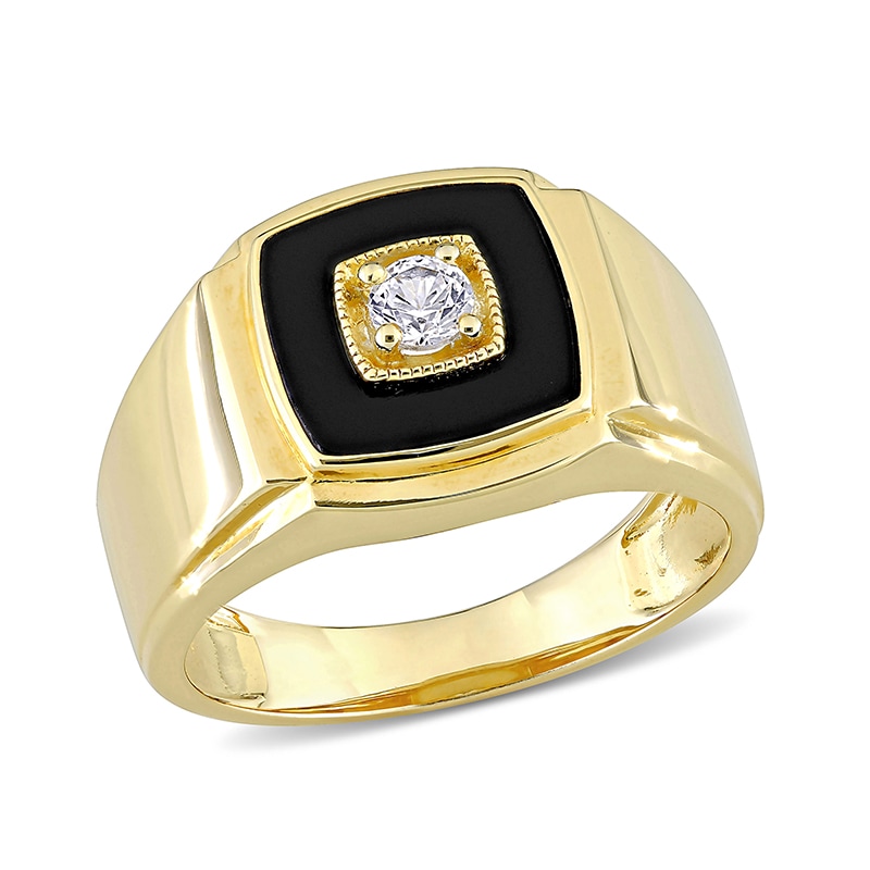 Main Image 1 of 10.0mm Cushion-Shaped Onyx and Lab-Created White Sapphire Stepped Edge Ring in Sterling Silver with Yellow Rhodium