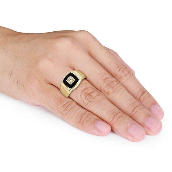 10.0mm Cushion-Shaped Onyx and Lab-Created White Sapphire Stepped Edge Ring in Sterling Silver with Yellow Rhodium