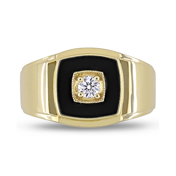 10.0mm Cushion-Shaped Onyx and Lab-Created White Sapphire Stepped Edge Ring in Sterling Silver with Yellow Rhodium