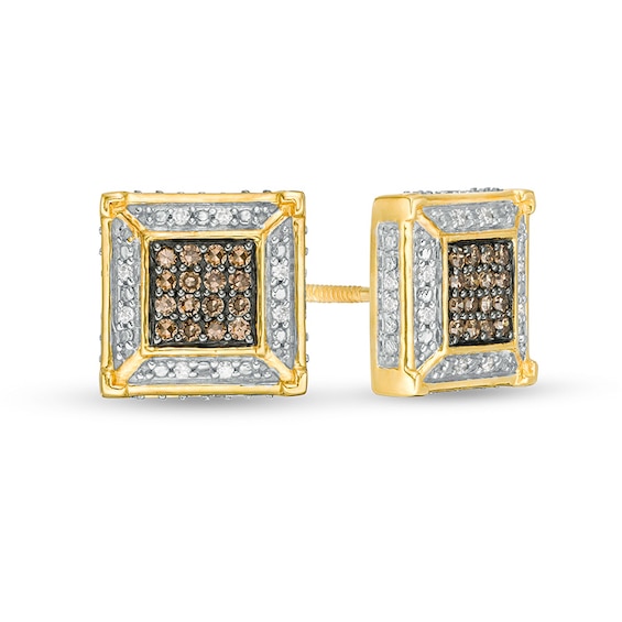 1/4 CT. T.w. Square Champagne and White Multi-Diamond Frame Stud Earrings in 10K Gold