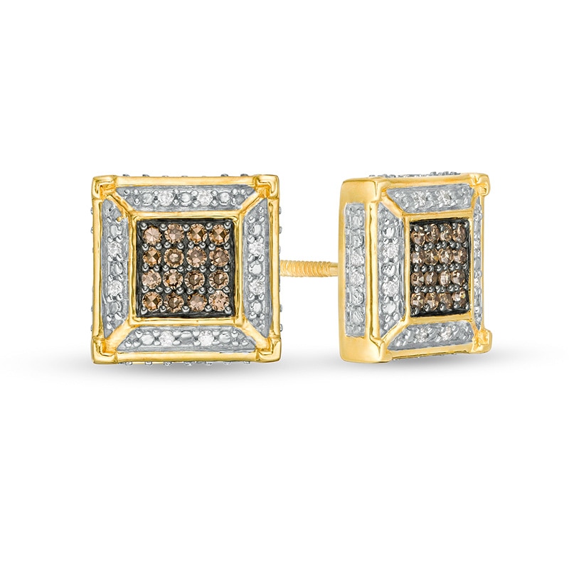 Men's 1/4 CT. T.W. Square Champagne and White Multi-Diamond Frame Stud Earrings in 10K Gold