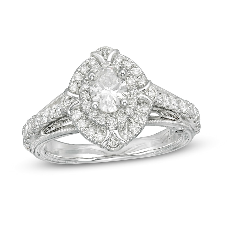 Main Image 1 of Marilyn Monroe™ Collection 1 CT. T.W. Oval Diamond Double Frame Ornate Engagement Ring in 14K White Gold
