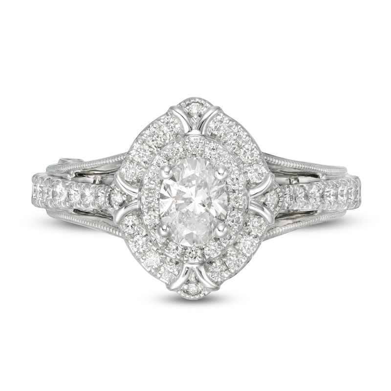 Main Image 4 of Marilyn Monroe™ Collection 1 CT. T.W. Oval Diamond Double Frame Ornate Engagement Ring in 14K White Gold