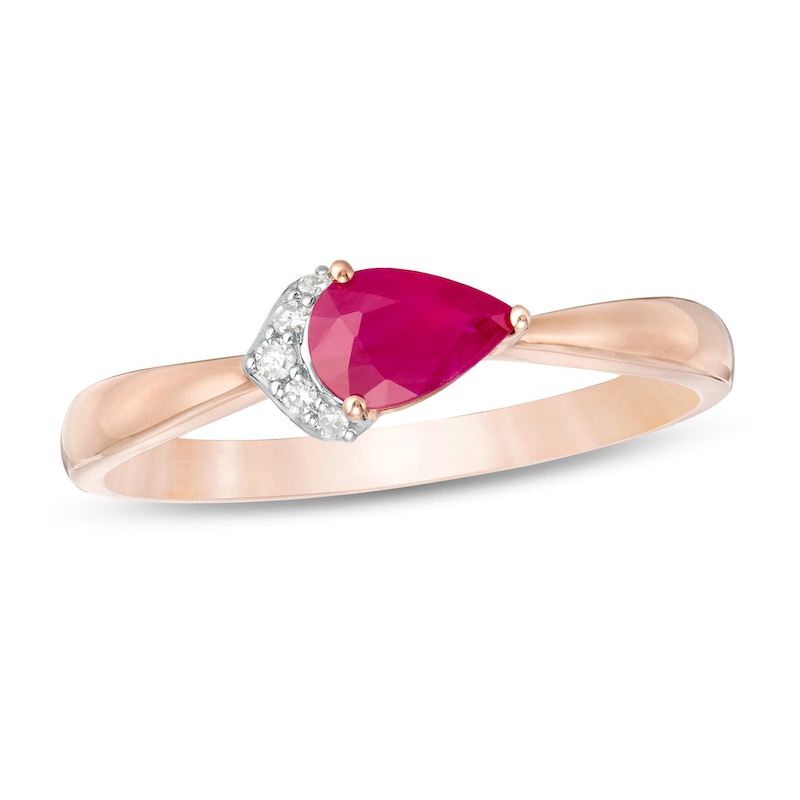 Sideways Pear-Shaped Ruby and Diamond Accent Tiara Tapered Shank Ring in 10K Rose Gold