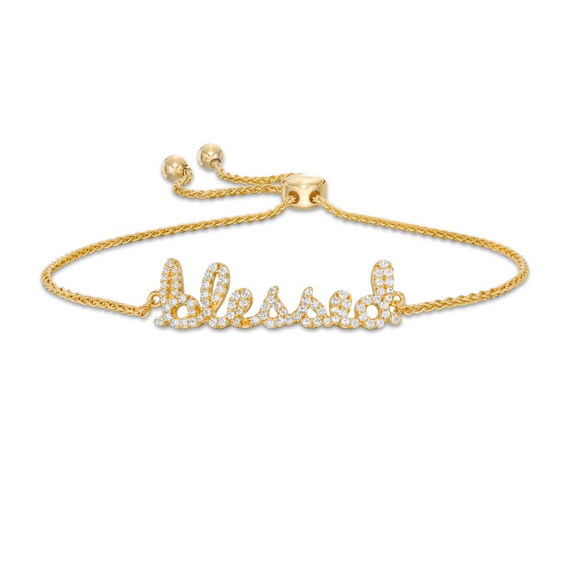 Main Image 1 of Lab-Created White Sapphire Cursive "blessed" Bolo Bracelet in Sterling Silver with 18K Gold Plate - 9"