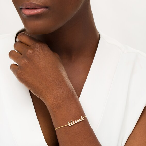 Lab-Created White Sapphire Cursive "blessed" Bolo Bracelet in Sterling Silver with 18K Gold Plate - 9"