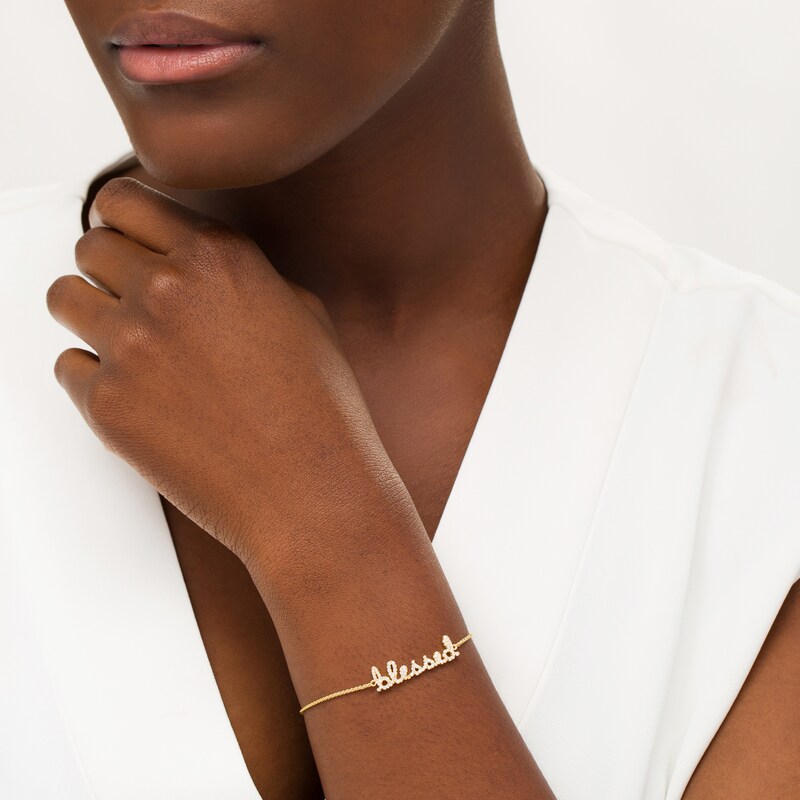 Main Image 2 of Lab-Created White Sapphire Cursive "blessed" Bolo Bracelet in Sterling Silver with 18K Gold Plate - 9"